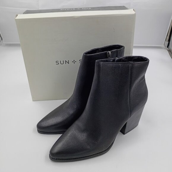 Sun + Stone Eryn Block-Heel Booties, Black Leather, Women's Size 9.5 - Picture 1 of 7